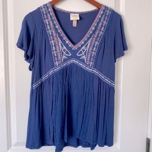 Bohemian Blue V-Neck Baby Doll Top